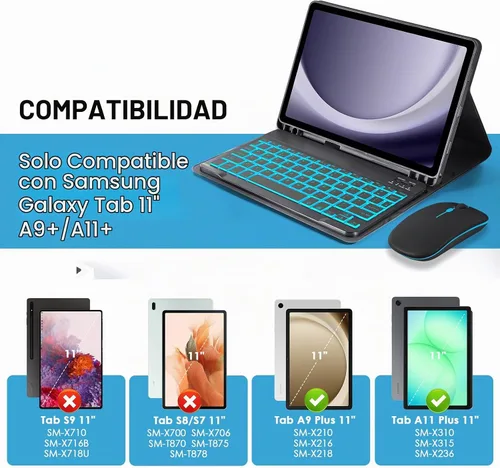 Vista 2 de Funda con teclado retroiluminado de 7 colores con mouse para Samsung Galaxy Tab de 11 pulgadas A11 Plus y A9 Plus, funda de teclado intercambiable