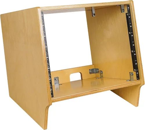 Vista 8 de Sound Town Estante de estudio de torreta de escritorio en ángulo de 4U con madera contrachapada maciza de abedul báltico, roble dorado, requiere