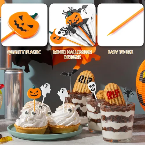Vista 6 de 100 palillos de dientes de plástico para Halloween, decoración de cupcakes, decoración de tartas, para aperitivos de frutas, suministros de fiesta
