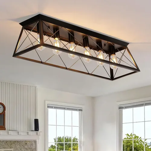 Vista 12 de 31.5" Flush Mount Ceiling Light Fixture, 5-Light Vintage Industrial Cage Chandelier for Dining Room, Kitchen Island, Living Room, Dimmable Semi