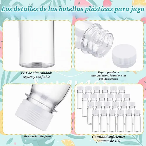 Vista 3 de FoldTier 100 botellas de plástico para chupitos de jugo con tapas, botellas pequeñas de chupitos de jengibre transparentes para líquidos, tarros