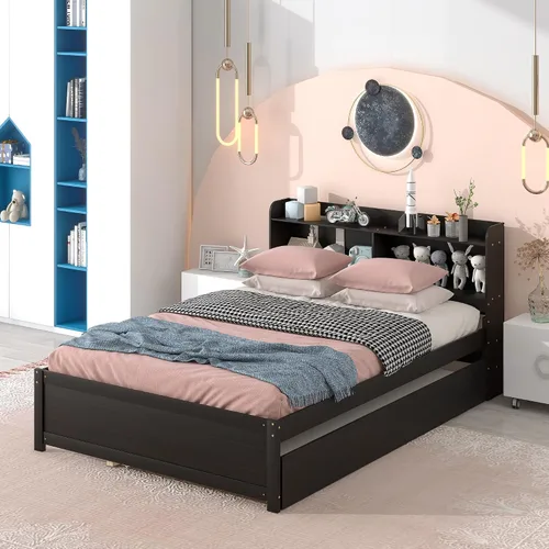 Vista 3 de Polibi Cama de plataforma de tamaño matrimonial con nido individual y estantería, cama de plataforma de almacenamiento de madera con cabecera