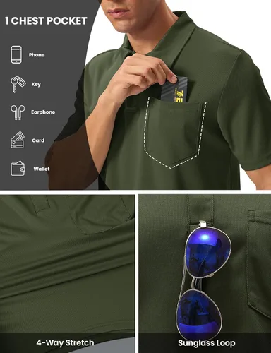 Vista 4 de BGOWATU Polo de golf para hombre, manga corta, cuello para tenis al aire libre Verde militar