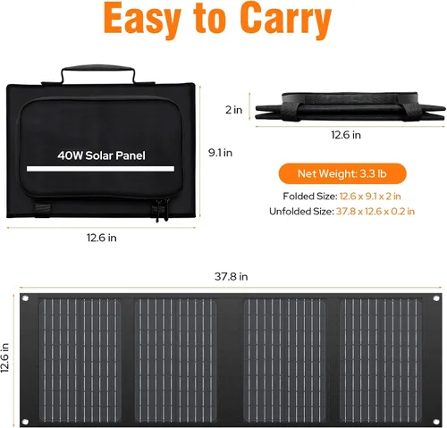 Vista 8 de Cargador de Panel Solar Portátil de 40W, Panel Solar Plegable para Estación de Energía Portátil, iPhone, iPad, Laptop, Paneles Solares de Camping