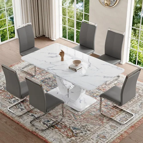 Vista 94 de JUFU Juego de mesa de comedor moderno para 4, juego de mesa de cocina rectangular de 63 pulgadas con mesa de mármol sintético y 4 sillas tapizadas