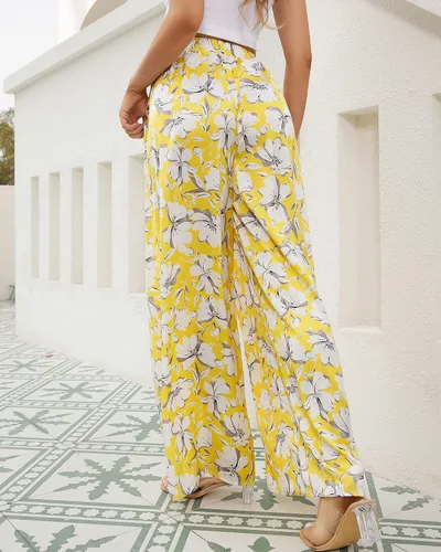 Vista 2 de QIANXIZHAN Pantalones de pierna ancha para mujer, pantalones palazzo de cintura alta, para verano, holgados, casuales, para descansar, trabajar