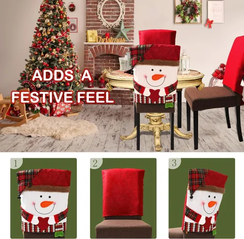 Vista 2 de 4 PCS Fundas para Respaldo de Silla Navideñas Protectores de Silla de Comedor Extraíbles Fundas Decoración Navideña para Hogar Comedor Cocina Muñeco