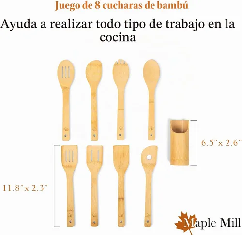 Vista 2 de Cucharas de bambú para cocinar - Juego de 8 cucharas con soporte - Cucharas de cocina de madera - Utensilios de cocina de bambú no tóxicos