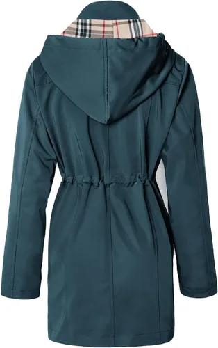 Vista 3 de SaphiRose Chaqueta larga con capucha para lluvia al aire libre para mujer, impermeable, rompevientos Algas Azul