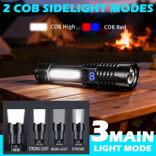Vista 2 de Linternas LED recargables de alto lúmenes, linterna súper brillante de 10000 lm con pantalla digital LCD, 5 modos, linterna de mano ajustable USB C
