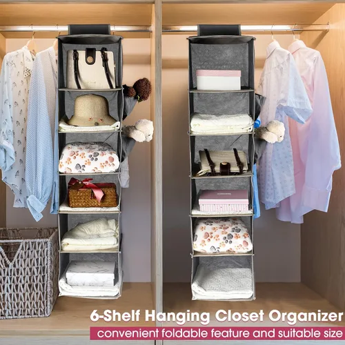 Vista 3 de Paquete de 3 organizadores y almacenamiento colgantes de armario, 6 estantes colgantes para ropa, organizador de ropa plegable, estantes de tela