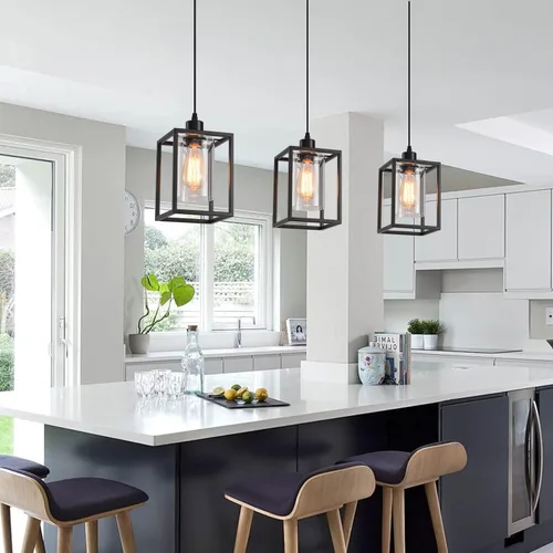 Vista 4 de Luces colgantes negras para isla de cocina, lámpara colgante de farol industrial con pantalla de vidrio transparente, iluminación colgante de altura