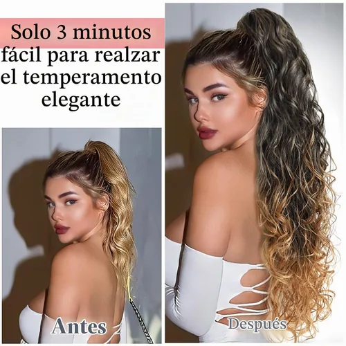 Vista 6 de Extensiones de cabello ombré 1B/27, cola de caballo para mujeres negras, extensiones de cola de caballo largas onduladas con cordón, extensiones