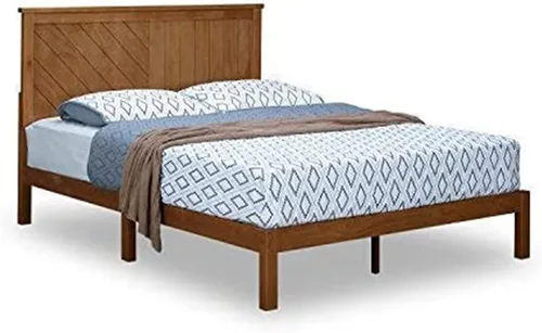 Vista 6 de MUSEHOMEINC Cama de plataforma de madera maciza con cabecero para dormitorio, soporte de listones de madera y no necesita somier, diseño