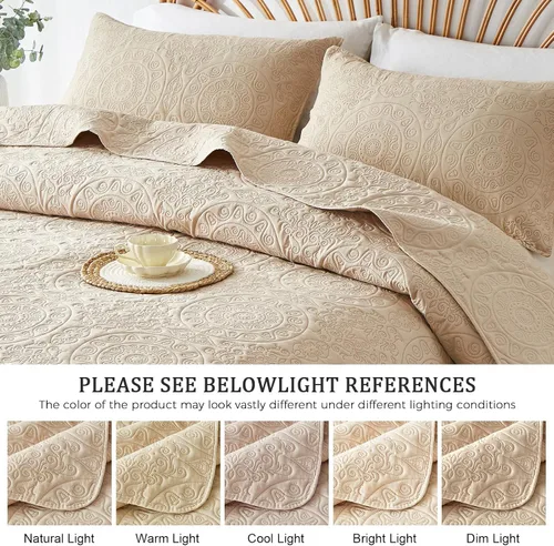 Vista 6 de WURUIBO Juego de edredón beige tamaño individual, colcha de microfibra en relieve con funda de almohada, colcha ligera transpirable fina, juego