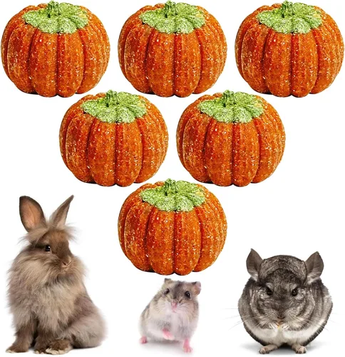 Vista 11 de Fhiny 10 juguetes masticables de conejo, golosinas de conejo con hierba natural y flores, pasteles de hierba molar para mascotas para conejillos
