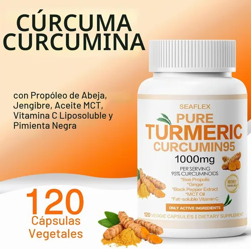 Vista 5 de Curcumina de cúrcuma 95 1000 mg, 95% complejo de curcuminoides con propóleo de abeja y bioperina, 120 cápsulas, suplemento de apoyo