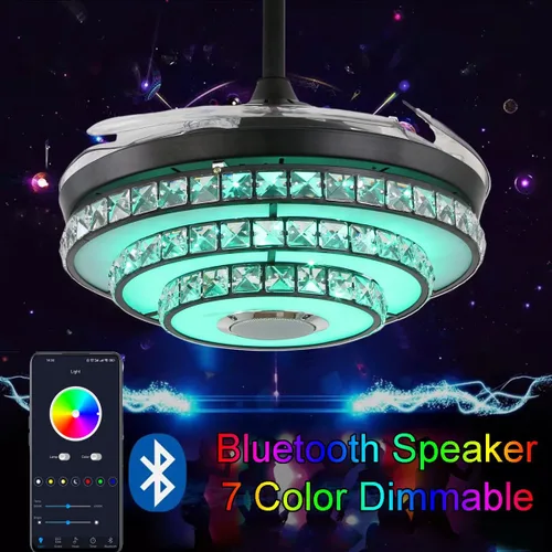 Vista 6 de Ventilador de techo de 42 pulgadas con luz, ventiladores de araña negros Retractable Ceiling Fans with Lights, Crystal Chandelier with Music, 7