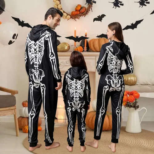 Vista 6 de ANGELGGH Family Matching Halloween Onesie Pajamas, Funny Skeleton Hooded Zipper PJs Holiday Loungewear for MenWomen