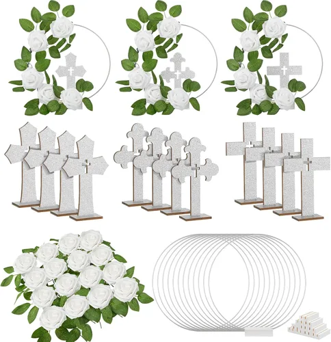 Vista 9 de Wesiti 48 piezas Centro de mesa para bautizo, decoración de mesa para primera comunión, 12 cruces de madera, 12 aros florales con soporte, 24 rosas