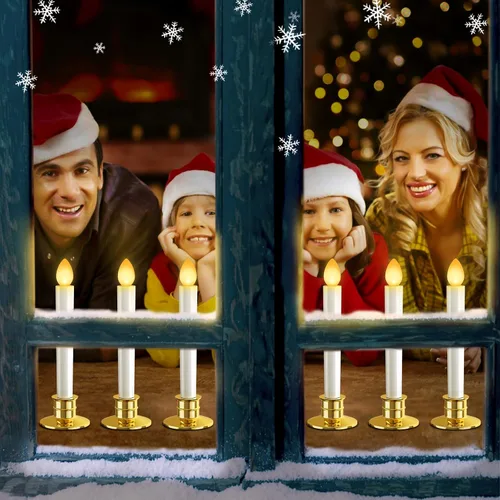 Vista 6 de Paquete de 10 Velas LED para Ventana de Navidad, Velas Sin Llama Operadas con Batería con Control Remoto y Temporizador, Portavelas Dorados, Velas