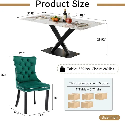 Vista 9 de Juego de mesa de comedor de mármol blanco de lujo para 6, 70 pulgadas, mesa de comedor de mármol blanco con 6 sillas de terciopelo verde y base