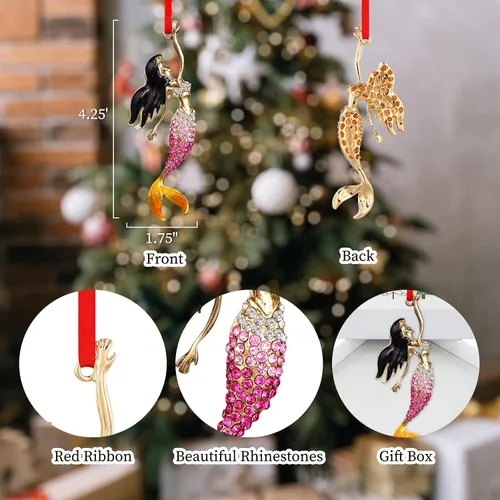 Vista 5 de SICOHOME Adornos de sirena de Navidad, adornos de sirena para árbol de Navidad, decoración de árbol de Navidad de metal con diamantes de imitación