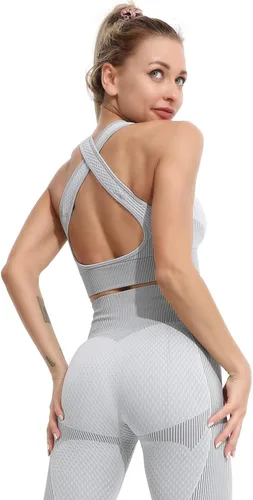 Vista 2 de Conjunto deportivo de 3 piezas para mujer, sin costuras, de manga corta, brasier deportivo, cintura alta, pantalones cortos de yoga, Gris-01
