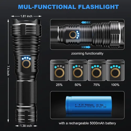 Vista 3 de BengMxj Linternas LED recargables, 990000 lúmenes altos, linterna táctica con zoom, linternas impermeables superbrillantes para emergencias