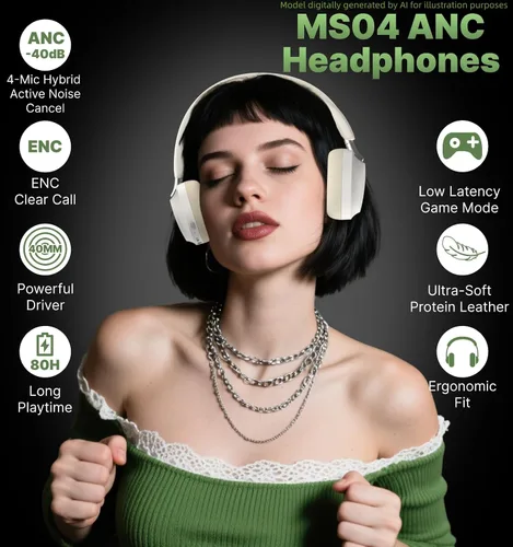Vista 2 de Hmusic MS04 Auriculares Bluetooth con cancelación activa de ruido sobre la oreja 4-Mic Hybrid -40dB ANC Bluetooth Headset, 2-ENC Mic, 80H