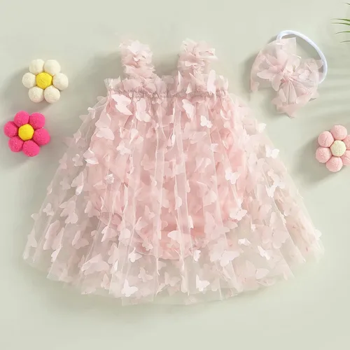 Vista 2 de Vestido de princesa para bebé niña 3D de malla de mariposa morada, sin mangas, de tul + diadema