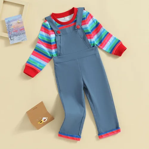 Vista 3 de Disfraz de Chucky de Halloween para niños pequeños, disfraz de rayas de arco iris, 2 piezas