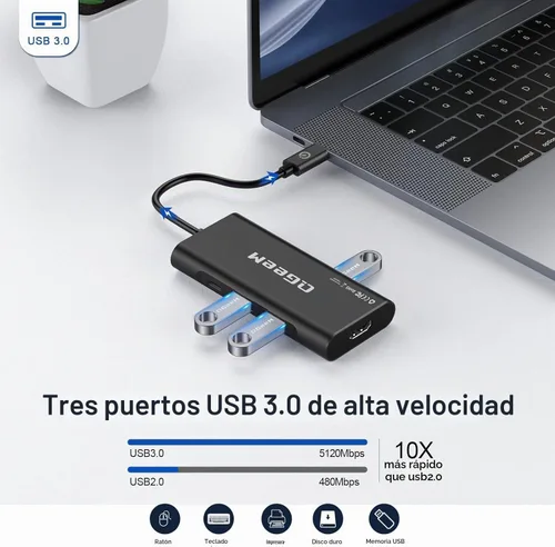 Vista 5 de USB C Hub, Adaptador QGeeM de USB 4k a HDMI, Dongle USB-C 7 en 1 con 100W PD, USB 3.0, Lector de Tarjetas, Compatible con MacBook, iPhone 15/17