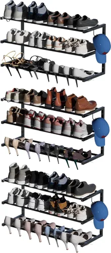 Vista 11 de Zapatero para montar en la pared, zapatero colgante de 3 niveles con capacidad para 12 pares, organizador de zapatos de metal resistente ajustable