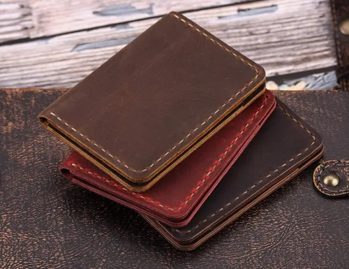 Vista 6 de Cartera de cuero plegable hecha a mano - cartera de cuero minimalista de la tarjeta de crédito