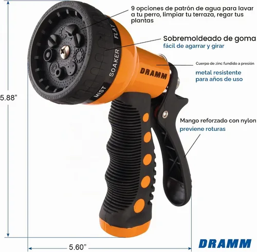 Vista 2 de Dramm® Revolver Boquilla de manguera de jardín resistente de 9 patrones, pistola rociadora de metal ajustable con flujo de control de pulgar