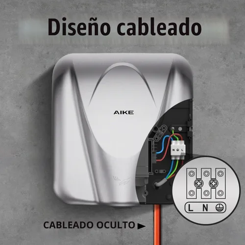 Vista 7 de Secador de manos comercial AIKE Elephant Power de alta velocidad con viento cálido automático, cubierta de acero inoxidable cepillado AC110V-130V