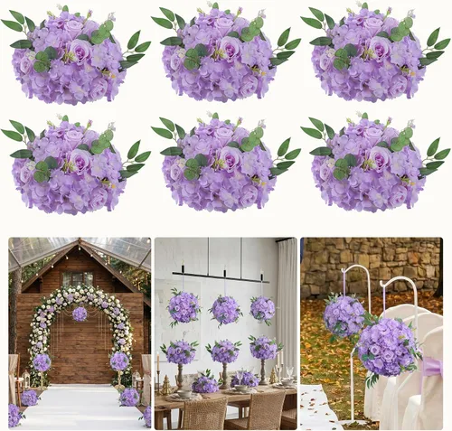 Vista 11 de Bolas de flores para mesas de boda, 6 piezas de flores artificiales rojas de 10.6 pulgadas para centros de mesa, arreglos de rosas falsas