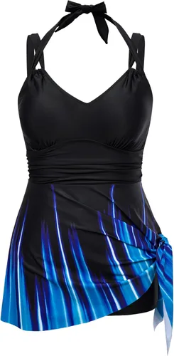Vista 8 de Hanna Nikole Traje de baño tankini de dos piezas para mujer, talla grande, cuello en V, cuello halter, floral, dobladillo asimétrico, falda