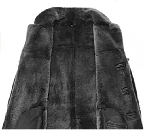 Vista 3 de Men's Classic Anti Winter Grey Fur Black Real Sheepskin bomber Leather Duffle Coat