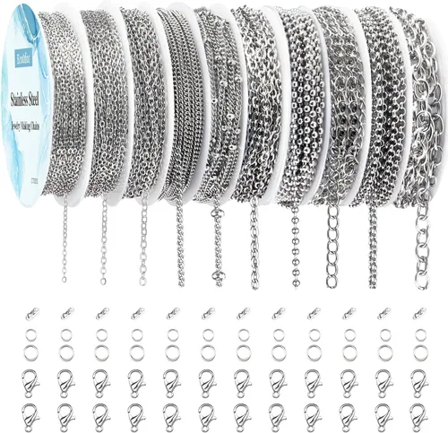 Vista 13 de Ecoofor Cadenas de collar de oro para hacer joyas, 62.3 pies, 8 rollos de cadenas de joyería para hacer collares, pulseras y joyas con anillos