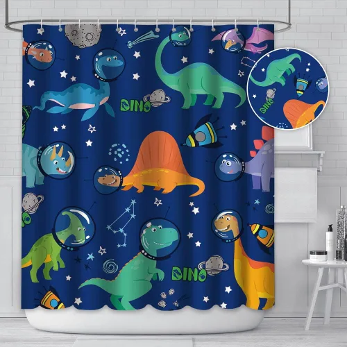 Vista 2 de MEHOFOND Cortina de ducha con diseño de dinosaurio para niños, diseño de animales divertidos de astronautas, dinosaurio, multicolor, tela