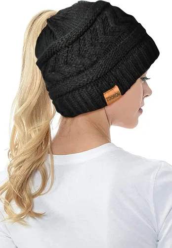 Vista 2 de ZOORON Gorro de cola de caballo para mujer, gorro de invierno de punto trenzado, cálido y desordenado