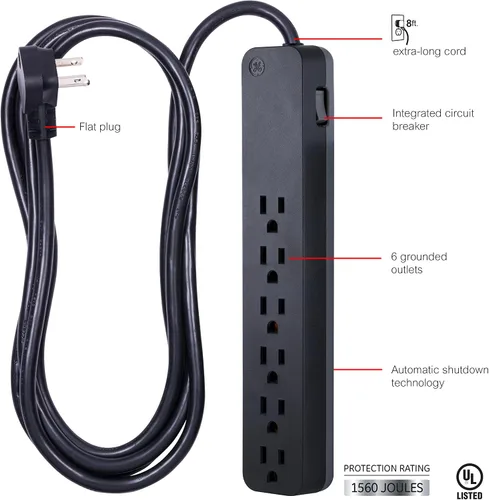 Vista 3 de GE Pro 37052 Protector SurGE de 6 tomas, cable de extensión de 8 pies, 1560 julios, enchufe plano, disyuntor integrado, montaje en pared