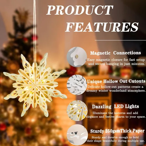 Vista 3 de 12 piezas de linternas de copo de nieve de papel de Navidad, linternas de estrella de papel de Navidad 3D con luces LED, lámparas colgantes de copo