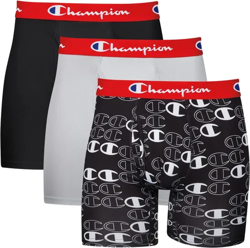 Vista 10 de Champion Calzoncillos tipo bóxer elásticos ligeros para hombre, paquete de 3 unidades Negro con logotipo de escritura/cian eléctrico/escarlata