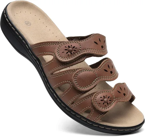 Vista 2 de Sandalias clásicas de cuero para mujer, sandalias casuales con soporte de arco, correas ajustables de gancho y bucle, zapatos para exteriores 2024