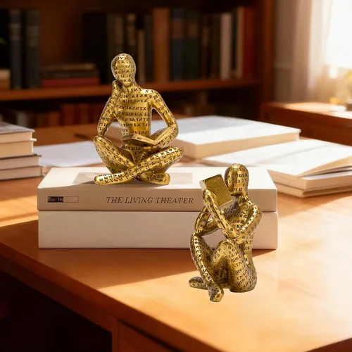 Vista 5 de Estatua de Pensador de Lectura Dorado Antiguo, Juego de 2 Decoración de Estantería Arte Abstracto Esculturas de Pensador, Figurilla Estética Moderna