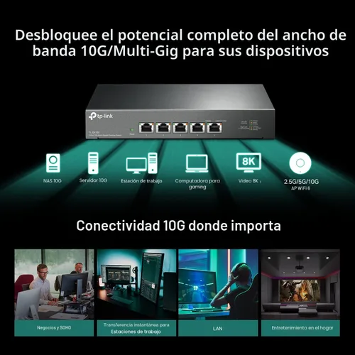 Vista 2 de TP-Link TL-SX105 Switch Ethernet no administrado de 5 puertos 10G/Multi-Gig Escritorio/Montaje en pared Conecta y utiliza Sin ventilador