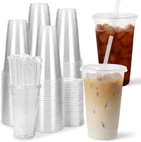 Vista 9 de Paquete de 100 vasos de plástico transparente de 16 onzas con tapas y pajitas, tazas desechables para café helado para llevar, vasos resistentes